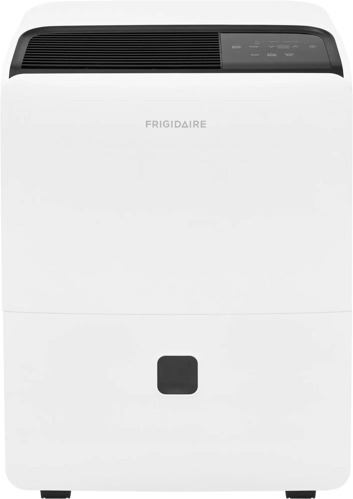 Front view of the white Frigidaire FHDP6033W1 60-pint built-in-pump dehumidifier with dark top control panel.