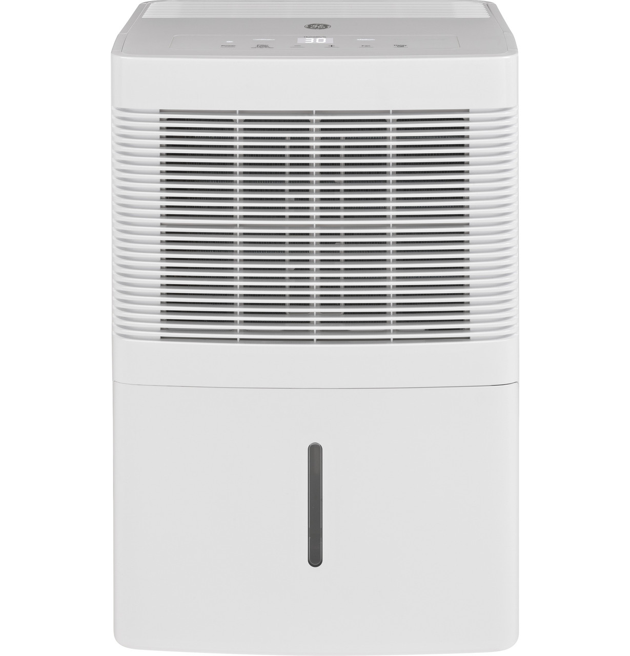 Front view of the white GE ADEL20LY dehumidifier.