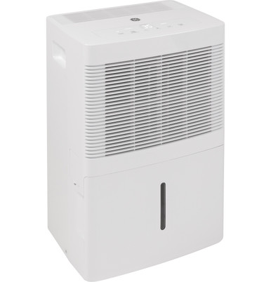 White GE ADEW50LY dehumidifier with an upper front grille, top control area and narrow vertical water-level window.