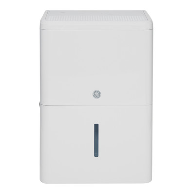 GE ADHE35BWF white portable dehumidifier, front view.