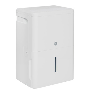 White GE portable dehumidifier with front bucket window and casters, from the ADHL25LD page; shared-family exterior image.