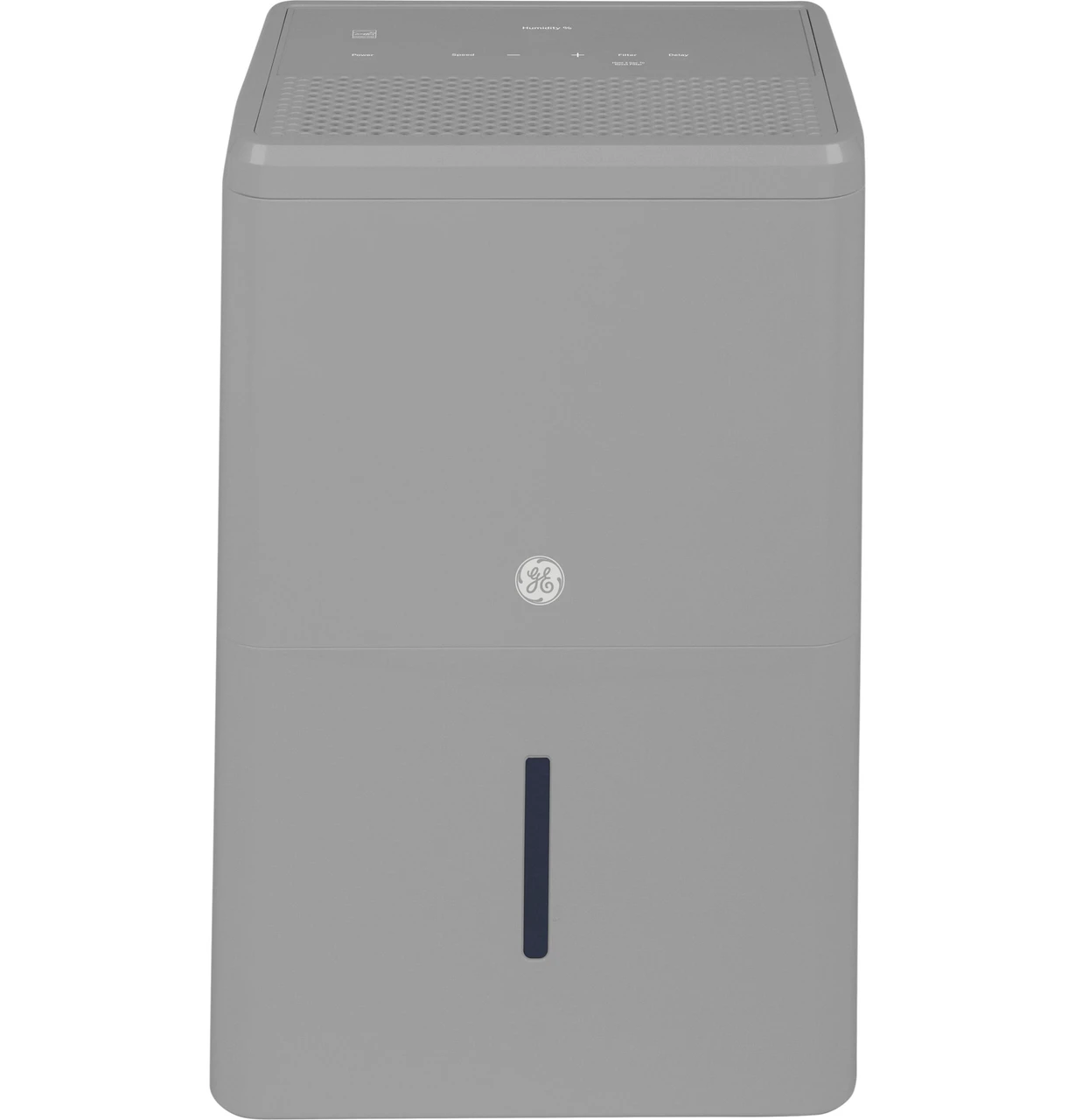 Front view of the Stratus Gray GE ADHL50LB dehumidifier, with its upper control surface and narrow dark water-level window.