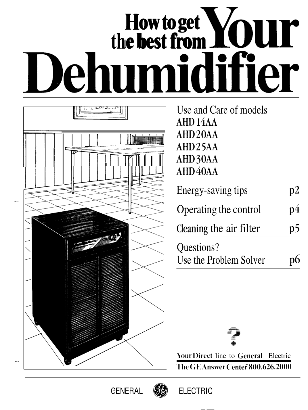 Illustrated GE dehumidifier on the 49-7300 manual cover; the page lists AHD14AA, AHD20AA, AHD25AA, AHD30AA and AHD40AA.