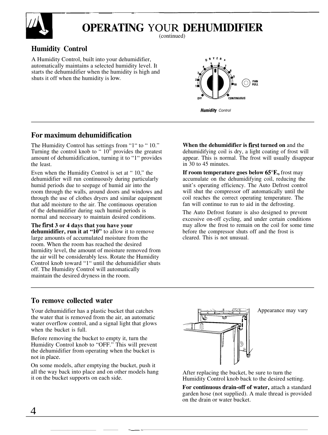 GE 49-7280 operating-manual page showing bucket removal and a drain diagram marked “Appearance may vary”; the guide covers AHD25 and AHD40.