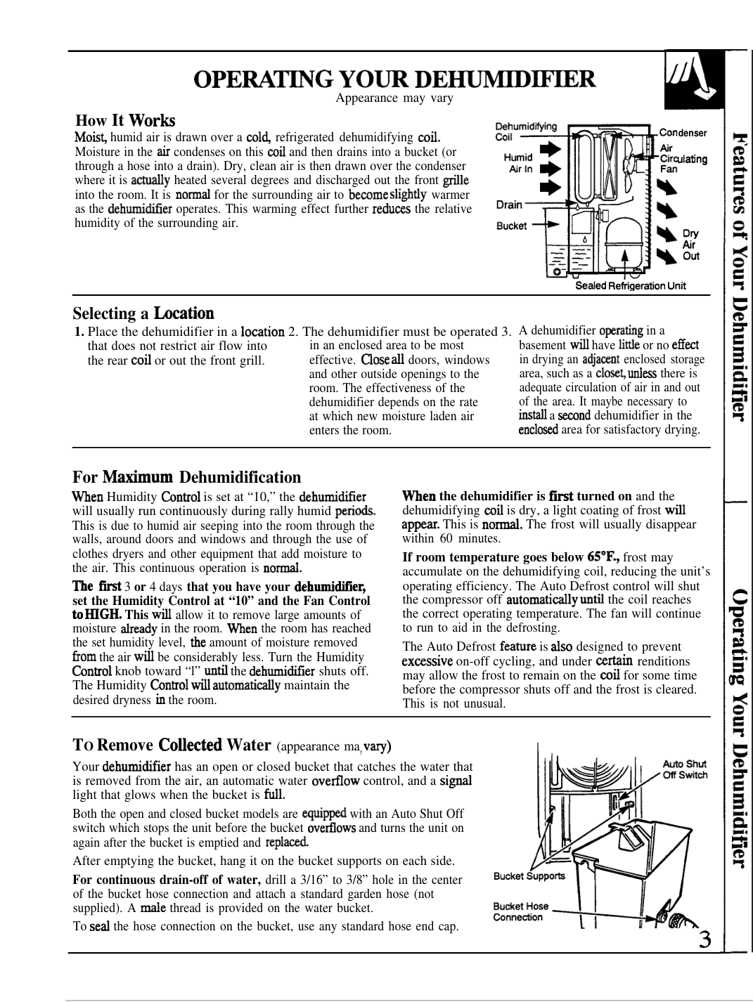 GE 49-7302 family-manual page with an airflow and water-collection schematic; the guide lists AHE25, AHE40 and AHE50 and says appearance may vary.