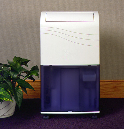 Front view of the pale GE AHG20LA household dehumidifier.