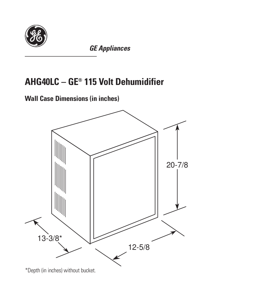 GE technical line drawing of the AHG40LC dehumidifier case with height, width and depth without bucket dimensions annotated.
