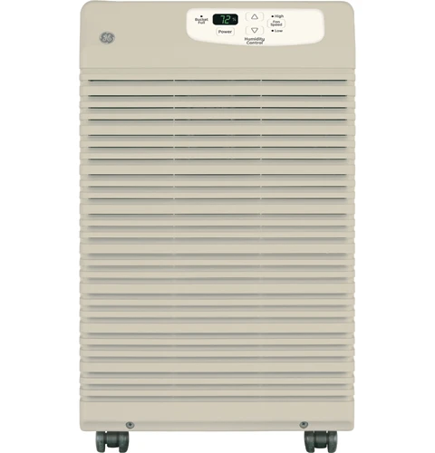 Front view of a light neutral GE AHH40LH dehumidifier cabinet with a front louver grille, top controls and wheels; the image does not show its model label or drain hardware.