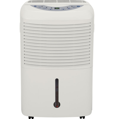 Front view of GE AHM40LK dehumidifier with horizontal grille, top controls, central water-level window and casters.