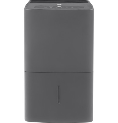Front view of the gray GE APER50LZ dehumidifier cabinet with top controls and a narrow front water-level window.