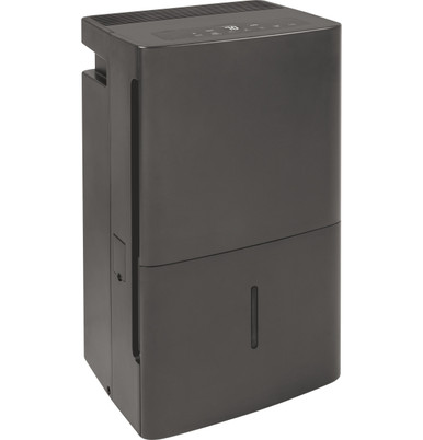 Three-quarter view of the gray GE APEW50LZ dehumidifier cabinet with top controls and a front water-level window.