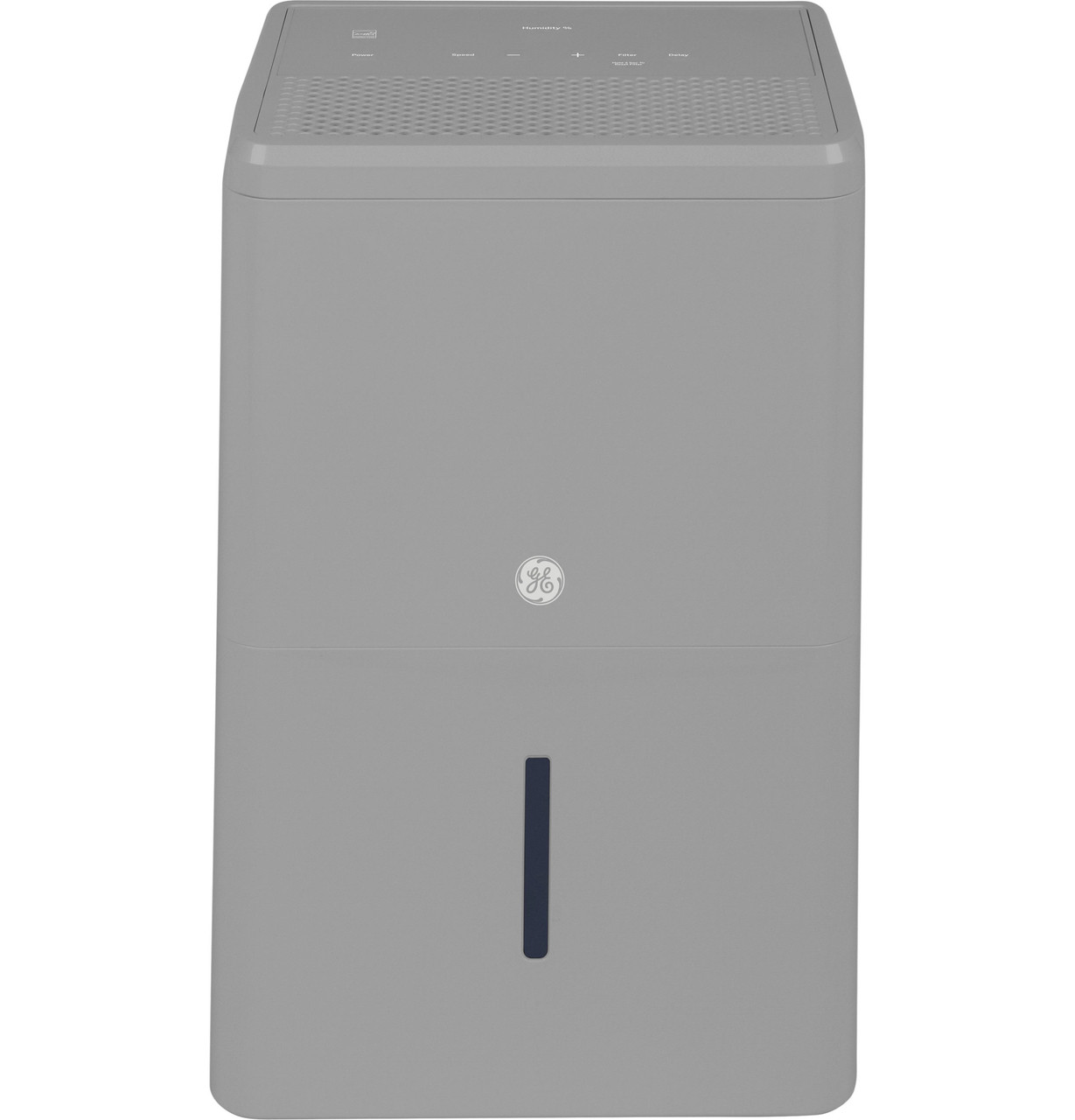 Front view of the gray GE APHR50LB dehumidifier, showing its top controls, upper discharge grille and narrow front water-level window.