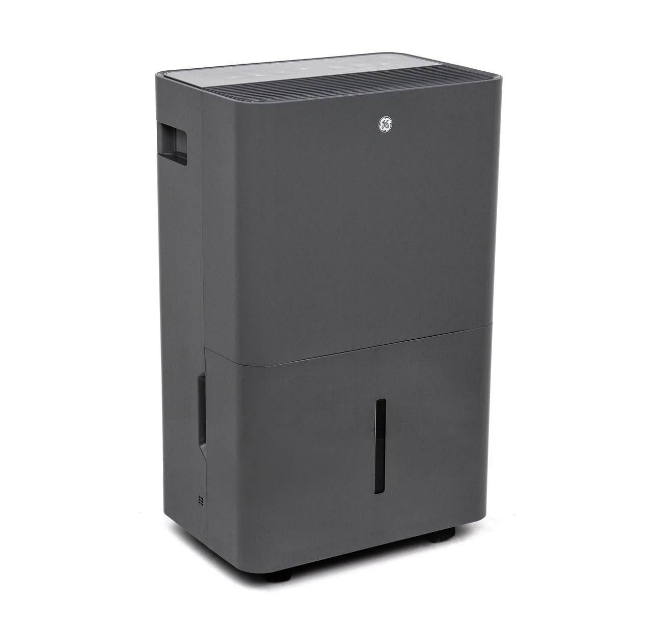 Three-quarter view of the dark-gray GE APYR50LC dehumidifier, with top discharge grille, side handhold and lower water-bucket seam.