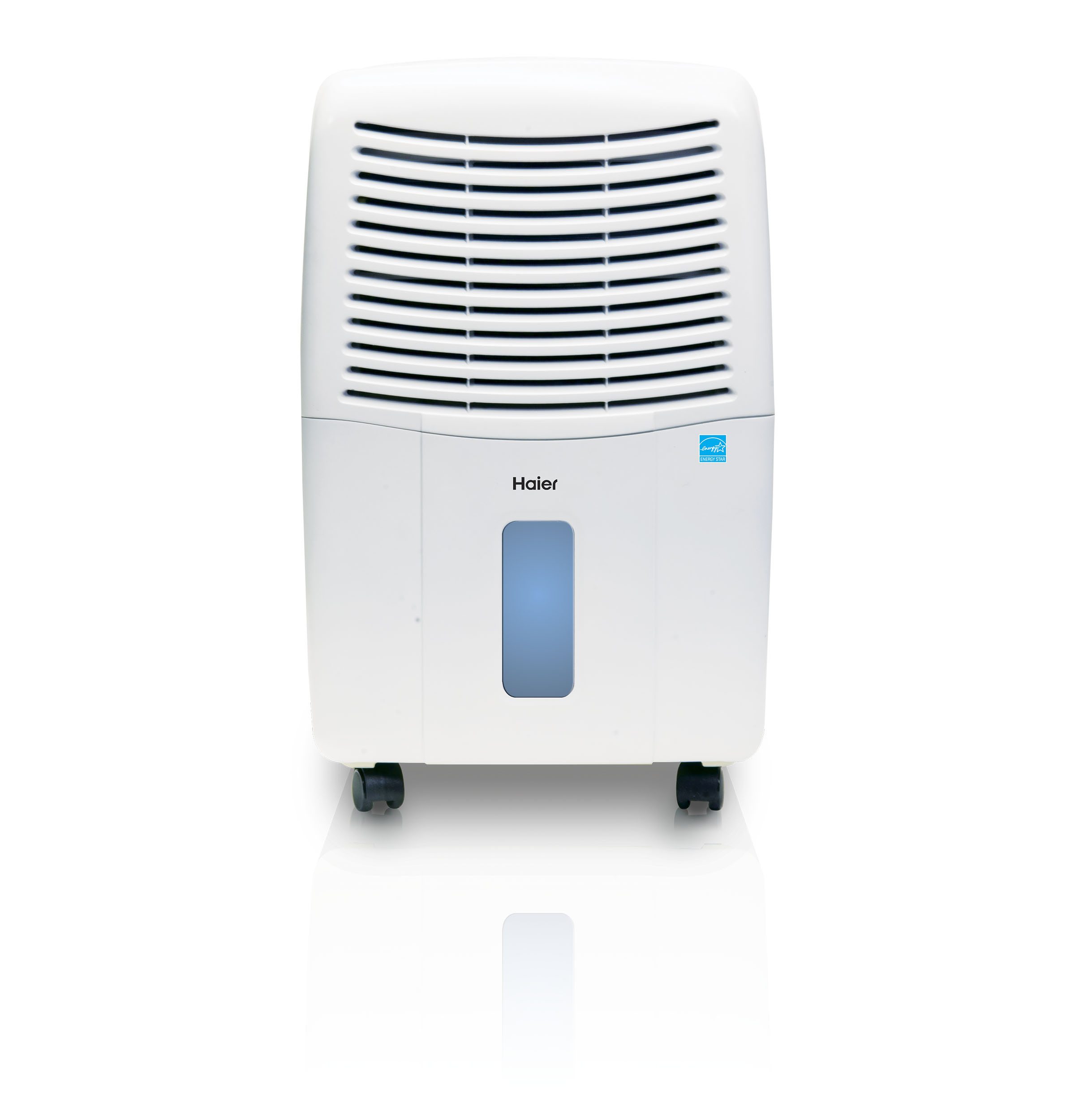 Front view of the white HEH50ET with a curved grille, blue water-level window, and ENERGY STAR mark. The image does not establish drain hardware