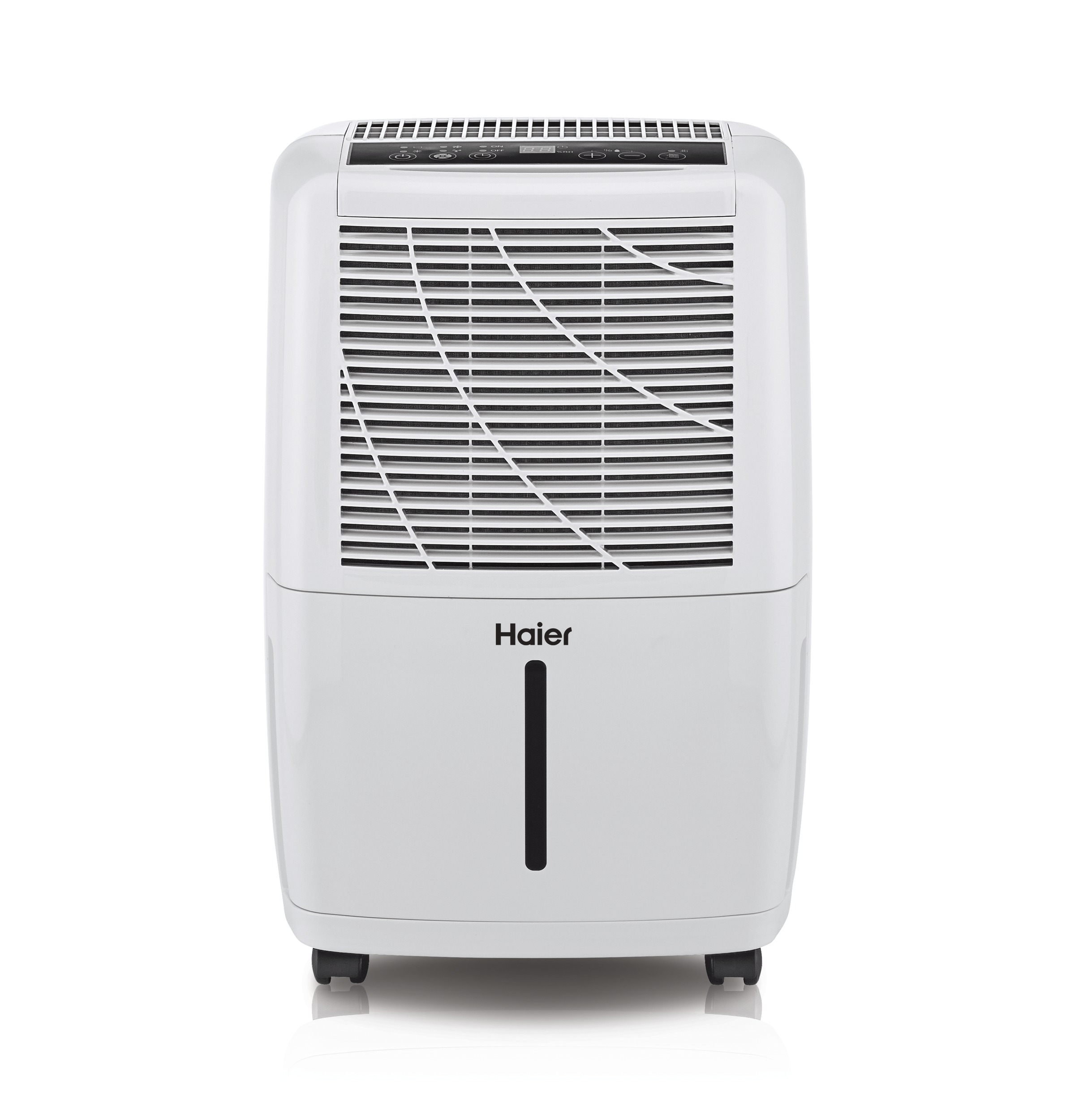 Front view of the white HEN30ET with a broad front grille, top controls, and narrow vertical water-level window