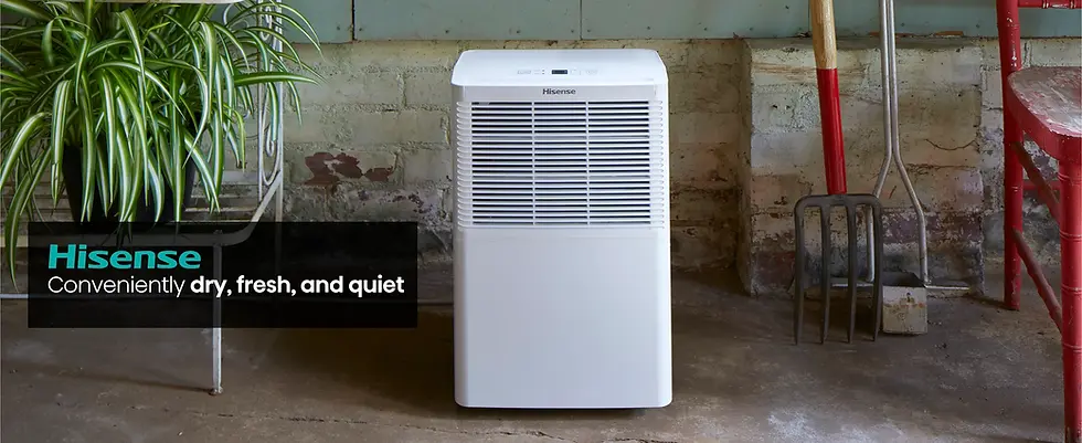 Front view of a white Hisense dehumidifier in a utility-room scene; the image is linked from the DH2526K1W page, but no model plate or hose/pump hardware is visible.