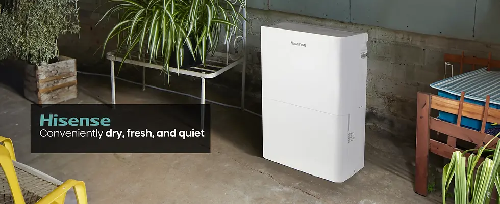 White Hisense dehumidifier shown from a rear-side angle in a utility-room scene; the image is linked from the DH3526K1W page, without a visible model label or drain hardware.
