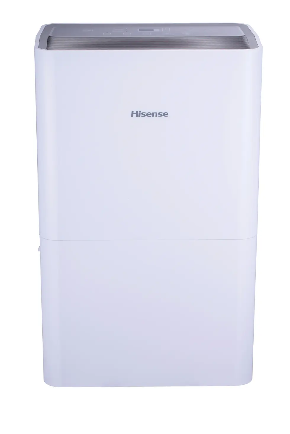 Front view of a white Hisense dehumidifier cabinet; controls and air outlet are visible, but the image does not show a model plate or drain hardware.