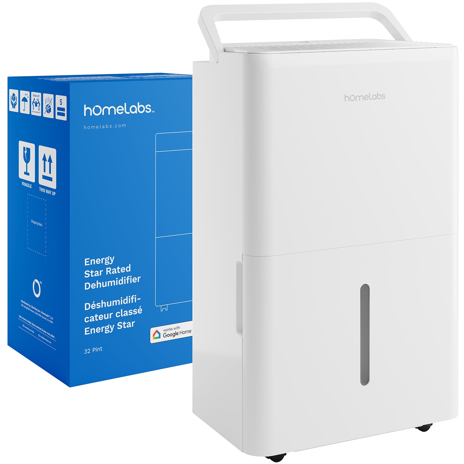 White hOmeLabs dehumidifier with top grille, front tank window and casters beside a box marked 32 Pint; exact image URL is linked from the HME010089N page.