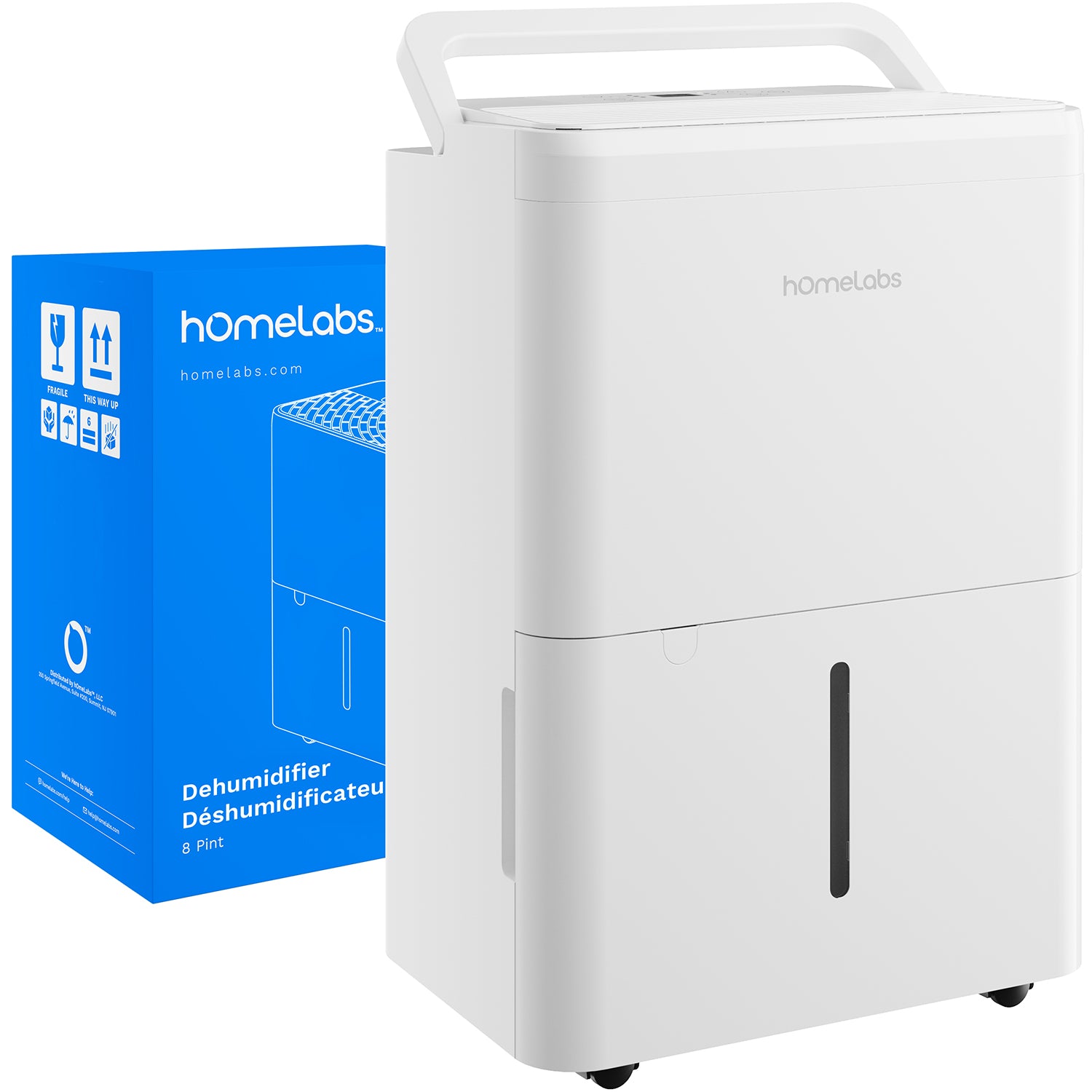 White compact hOmeLabs dehumidifier with a water-level window and casters beside packaging marked 8 Pint; the current listing associates this image with HME020091N-NA, while the asset filename references HME010091N.