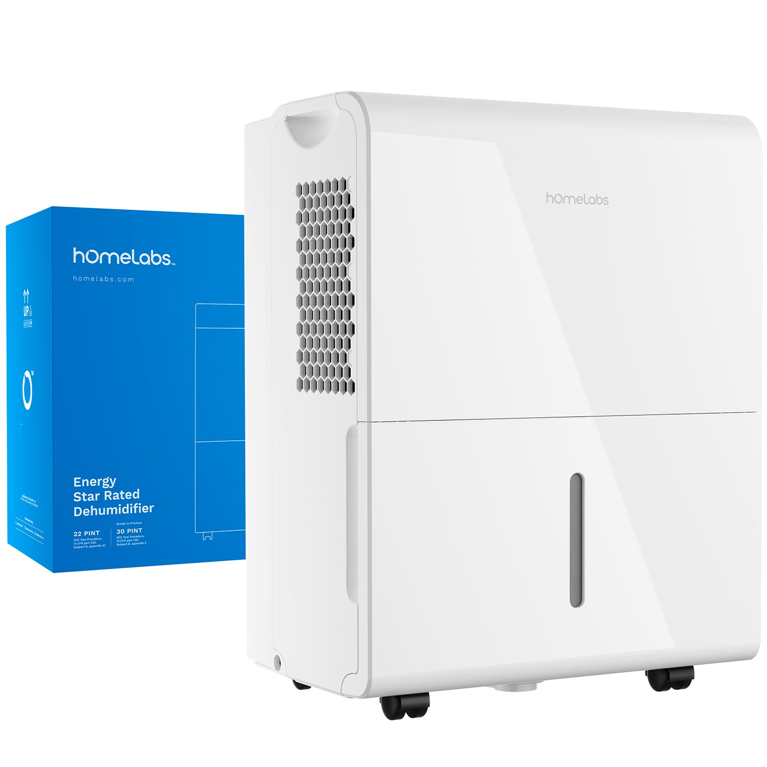 White hOmeLabs HME031001N dehumidifier with a front water-level window, side intake grille and casters, shown next to blue package art.