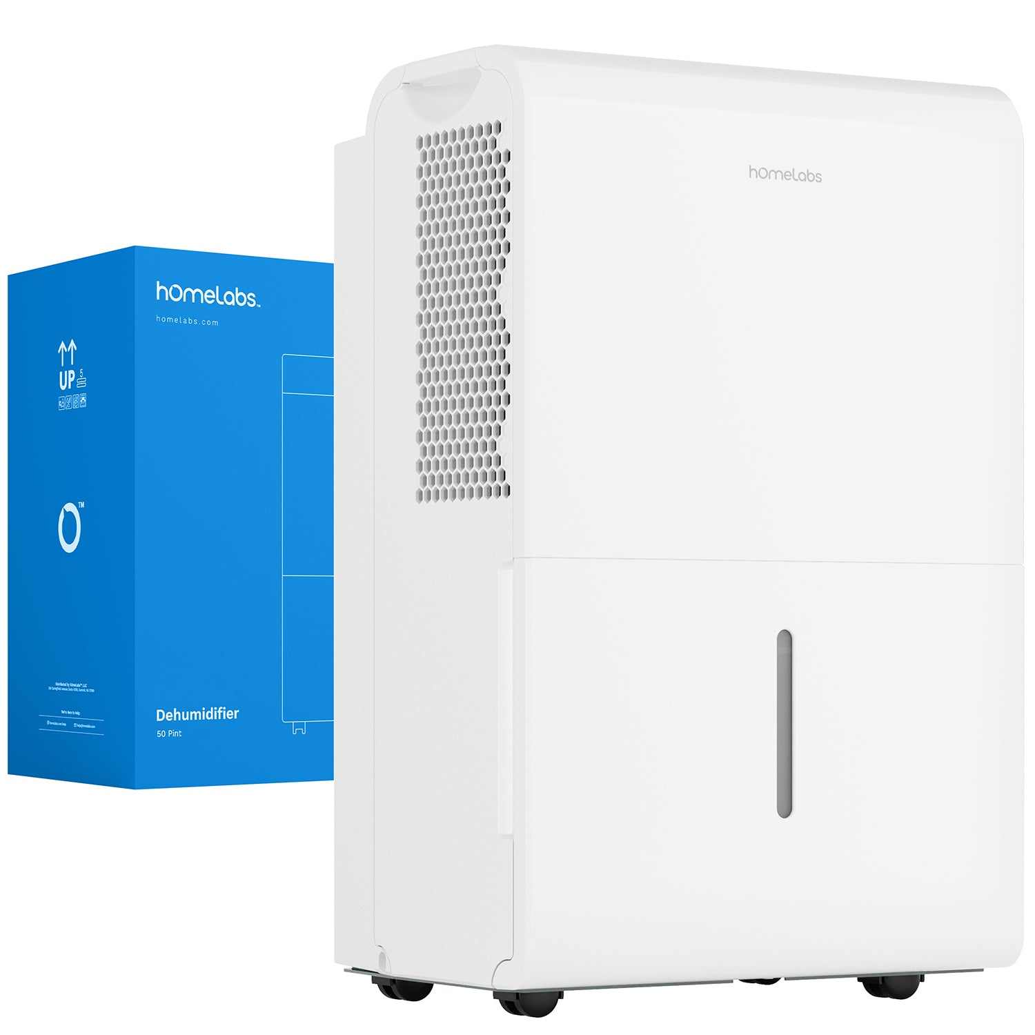 White hOmeLabs dehumidifier beside package art marked 50 Pint; the exact HME031003N page links this image.