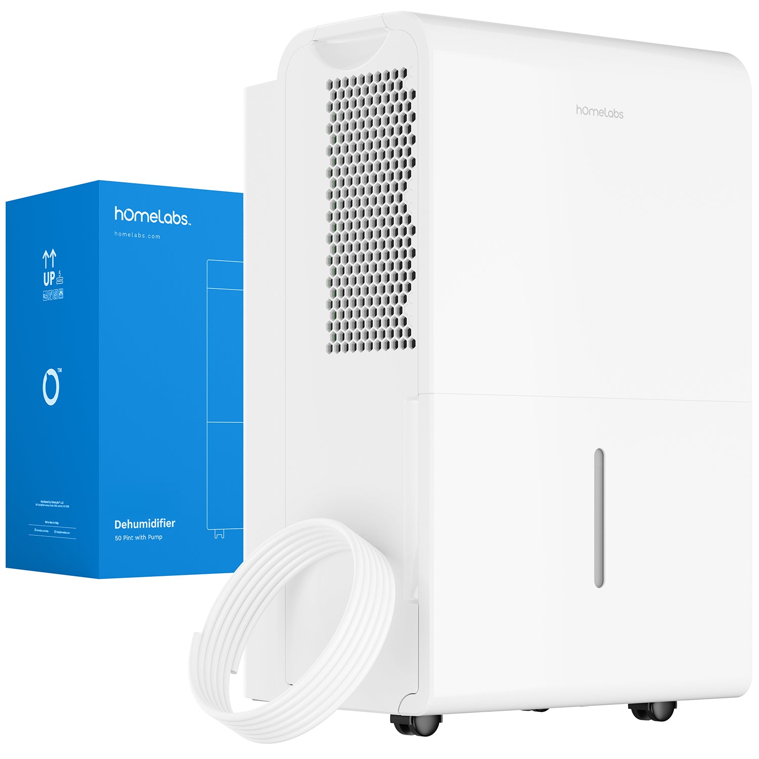 White hOmeLabs dehumidifier beside coiled hose and package art marked 50 Pint with Pump; the exact HME031004N page links this image.