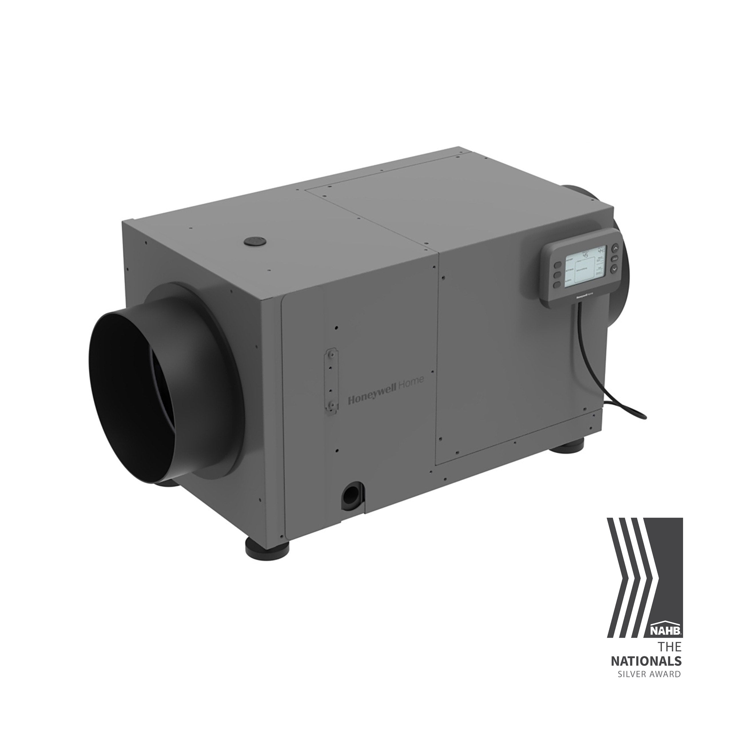 gray low-height whole-home cabinet with a single visible round duct collar and attached controller; exact model is identified by the linked Resideo page (DHM065R4000/U).