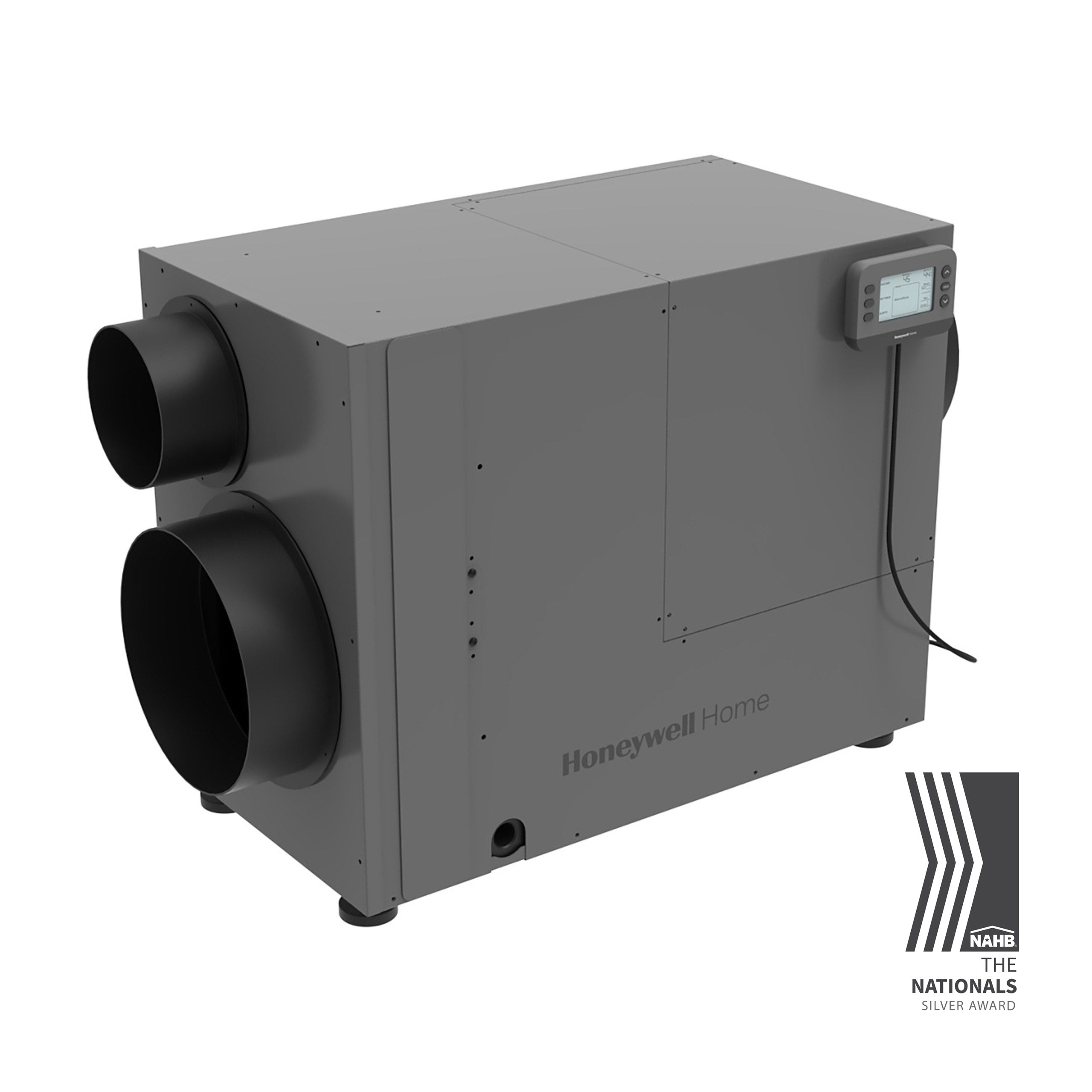 gray cabinet with two duct openings and an attached controller; exact model is identified by the linked Resideo page (DHM090R4000/U).