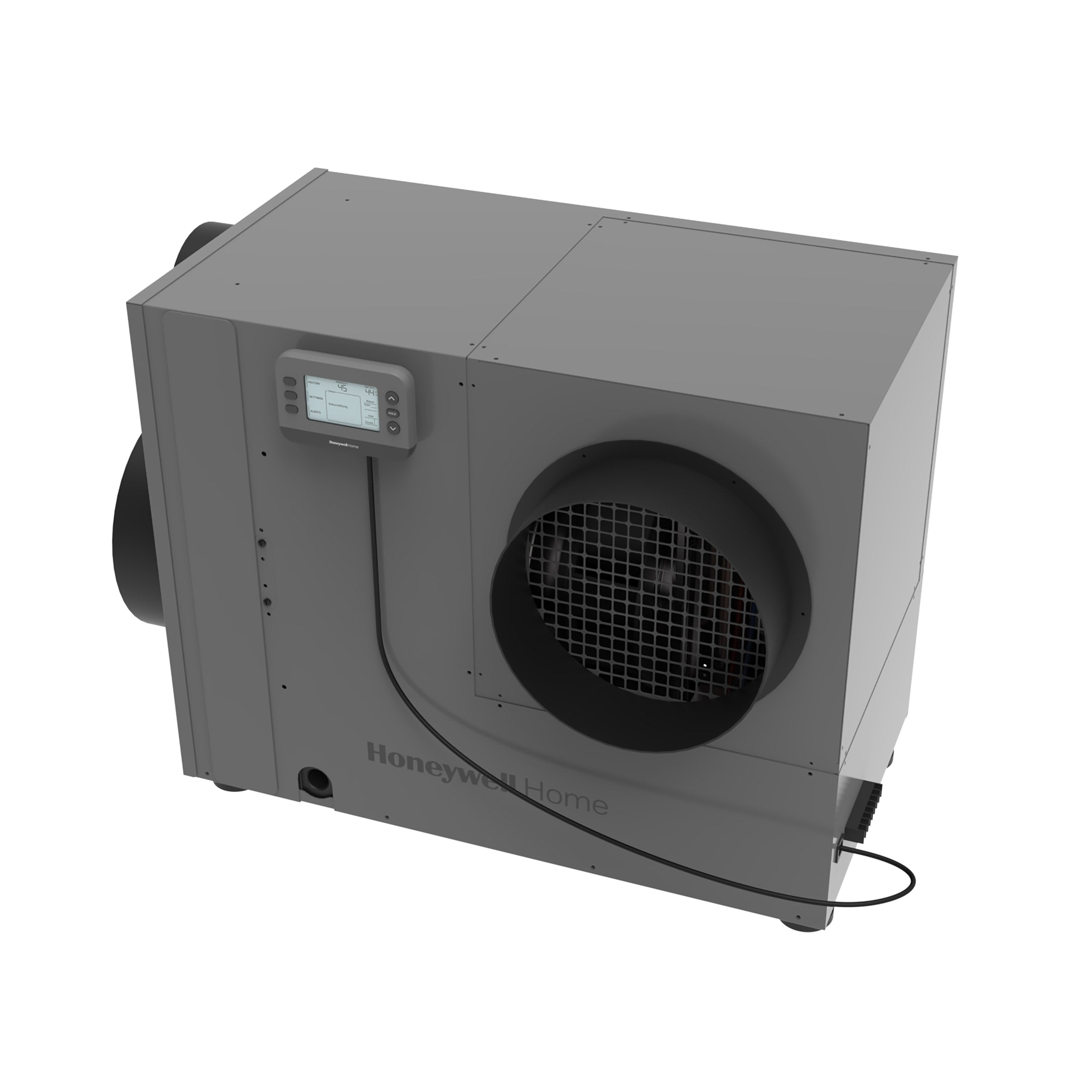 gray whole-home cabinet shown in a rendered-style product view with display, feet, and duct openings; exact model is identified by the linked Resideo page (DHM120R4000/U).