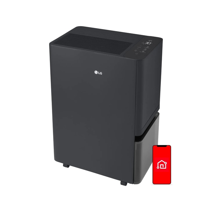 Front three-quarter view of the black LG DT501BKR0 cabinet with top controls, lower fitted tank, casters and a red phone/home graphic.