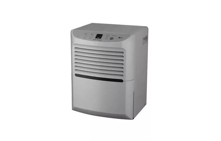 Front view of the LG LD451EGL dehumidifier, a pale-gray rounded cabinet with front louvers, top controls, lower bucket seam and casters.
