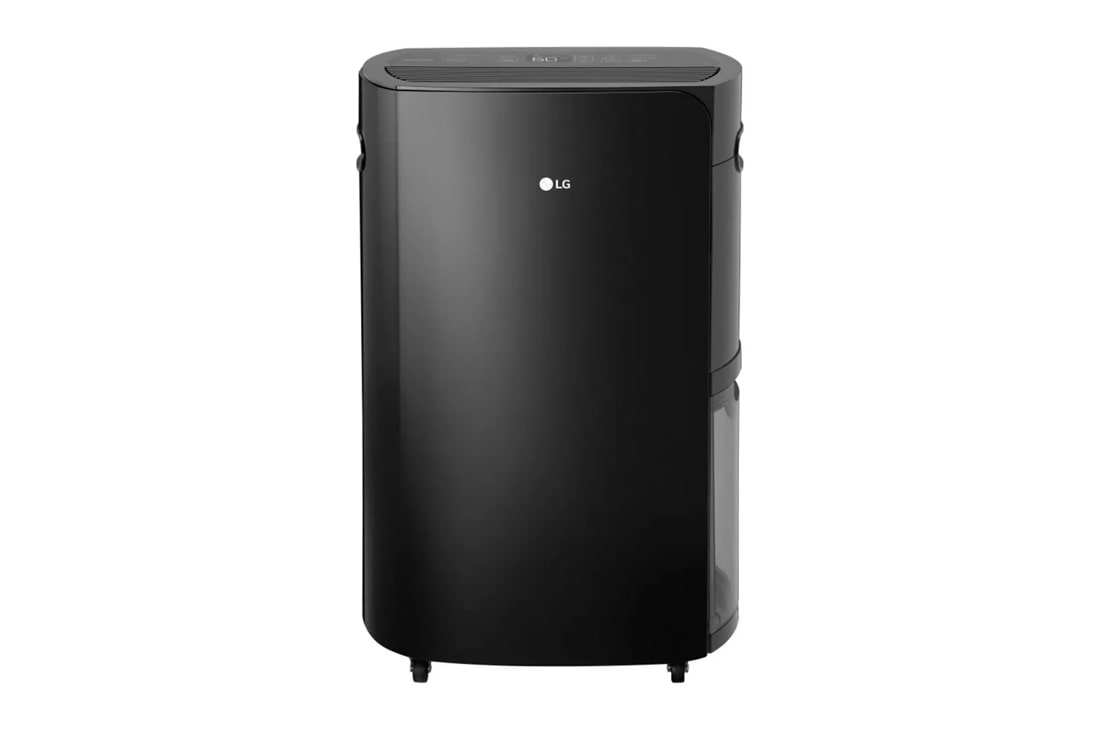 Front view of the black LG UD501KOG5 rounded cabinet with top control panel, lower water bucket seam and casters.