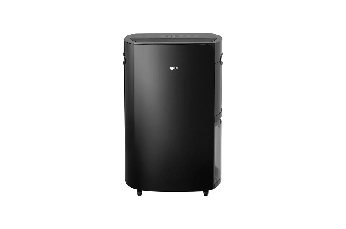 Front view of the black LG UD501KOJ5 rounded cabinet with top control panel, lower water bucket seam and casters.