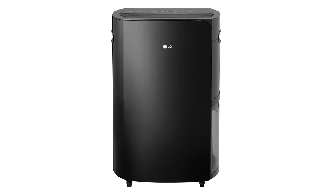 Front view of a black LG PuriCare UD701KOG1 dehumidifier, with a dark front panel, right-side bucket seam, top outlet/control area and small casters.