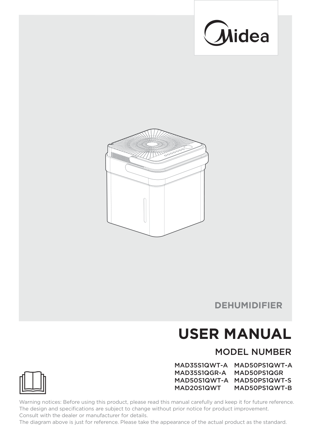 Midea Cube-family manual cover with a line illustration and model list that includes MAD35S1QGR-A.