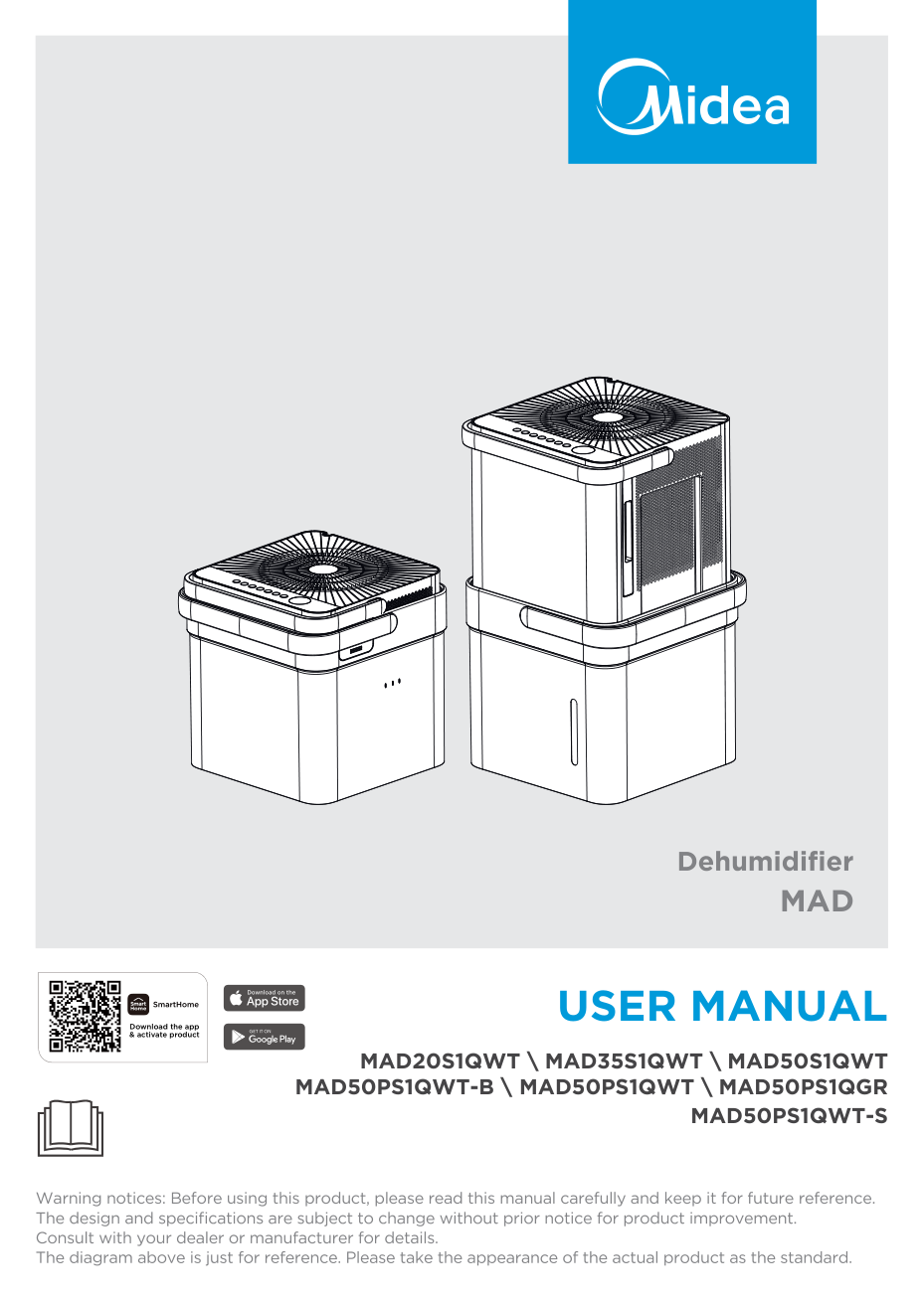 Midea 2024 Cube manual cover showing nested and extended Cube family drawings and a model list that includes MAD50PS1QWT-S.