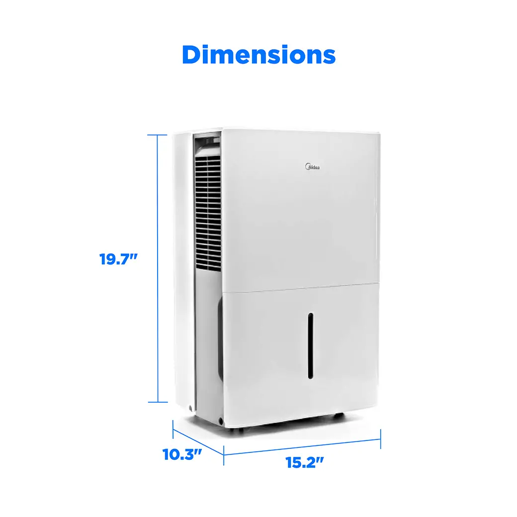 Midea MAD22C1AWS dimensions illustration showing the white EasyDry body and listed 19.7-inch height, 15.2-inch width and 10.3-inch depth.