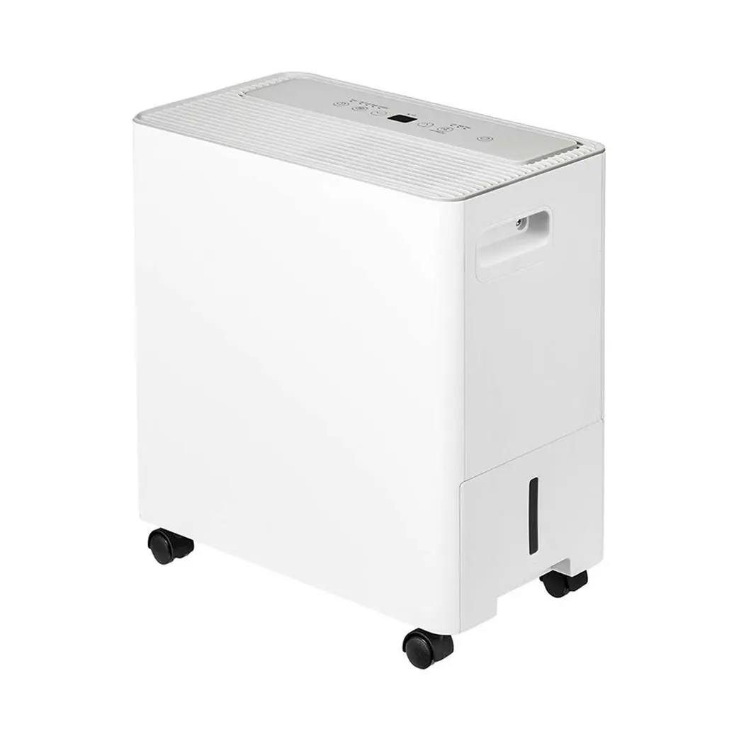 White Midea MAD22S1AWWT Smart Access dehumidifier with side-access tank, wheels and top controls.