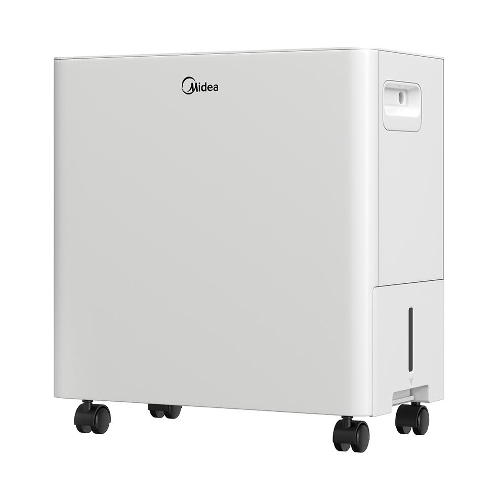 White Midea Cube dehumidifier with side handle area, water-level window and four casters, viewed from the front and side.