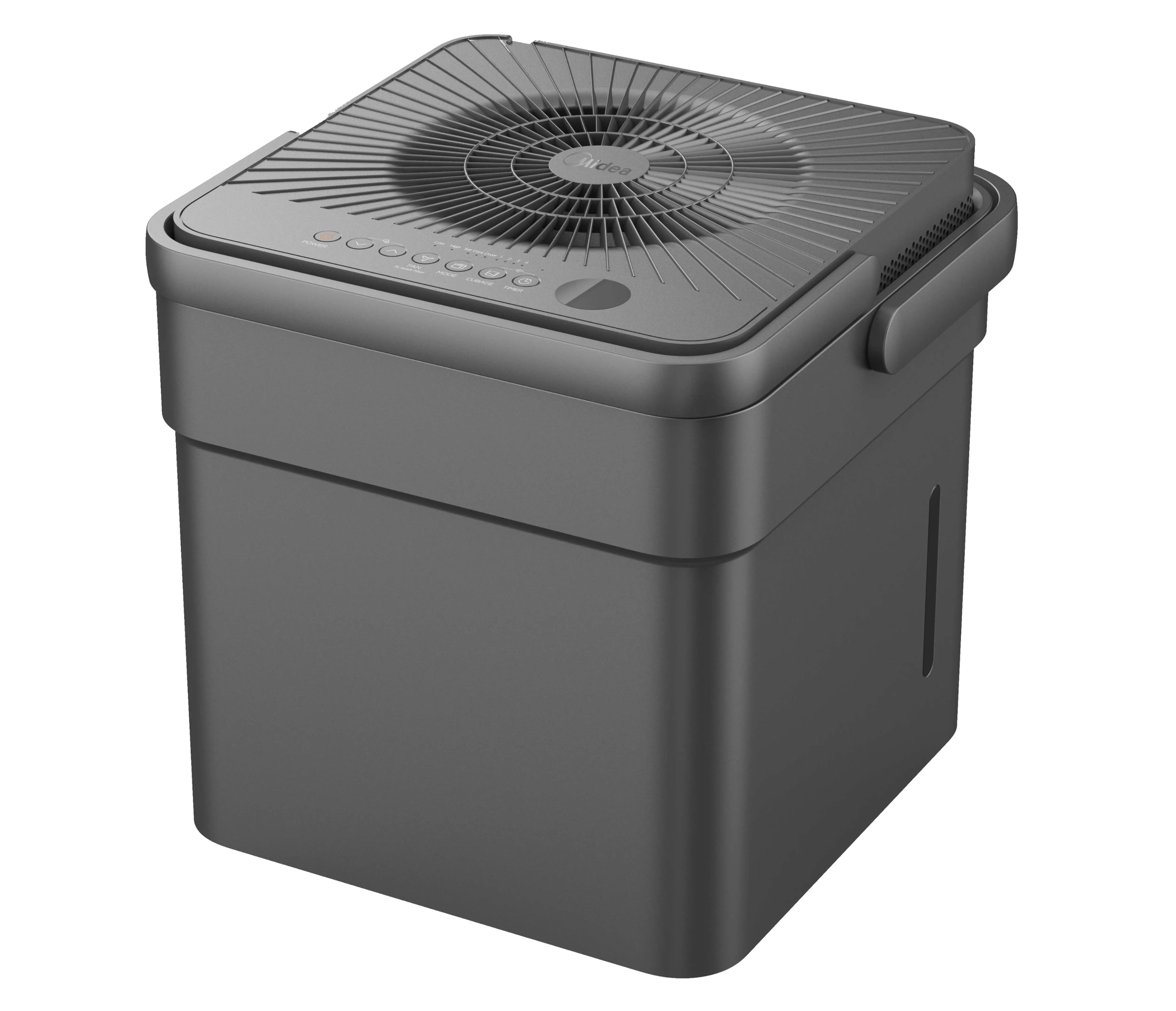 Dark-gray Midea MAD35PS1QGR Cube dehumidifier in assembled form, photographed/rendered from a high front angle.