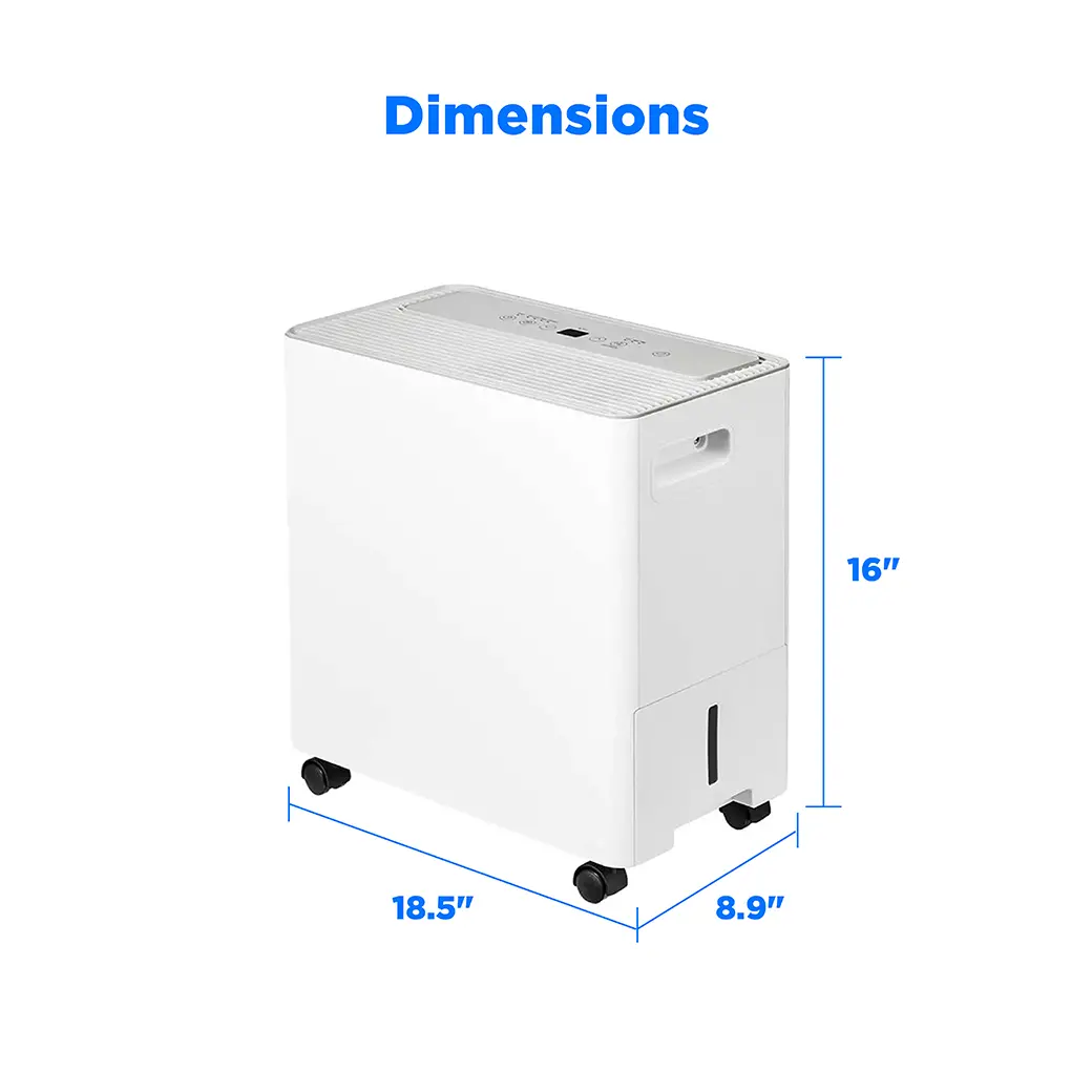 Midea MAD35S1AWWT Smart Access dehumidifier in a manufacturer dimension illustration with 18.5-inch width, 8.9-inch depth and 16-inch height.