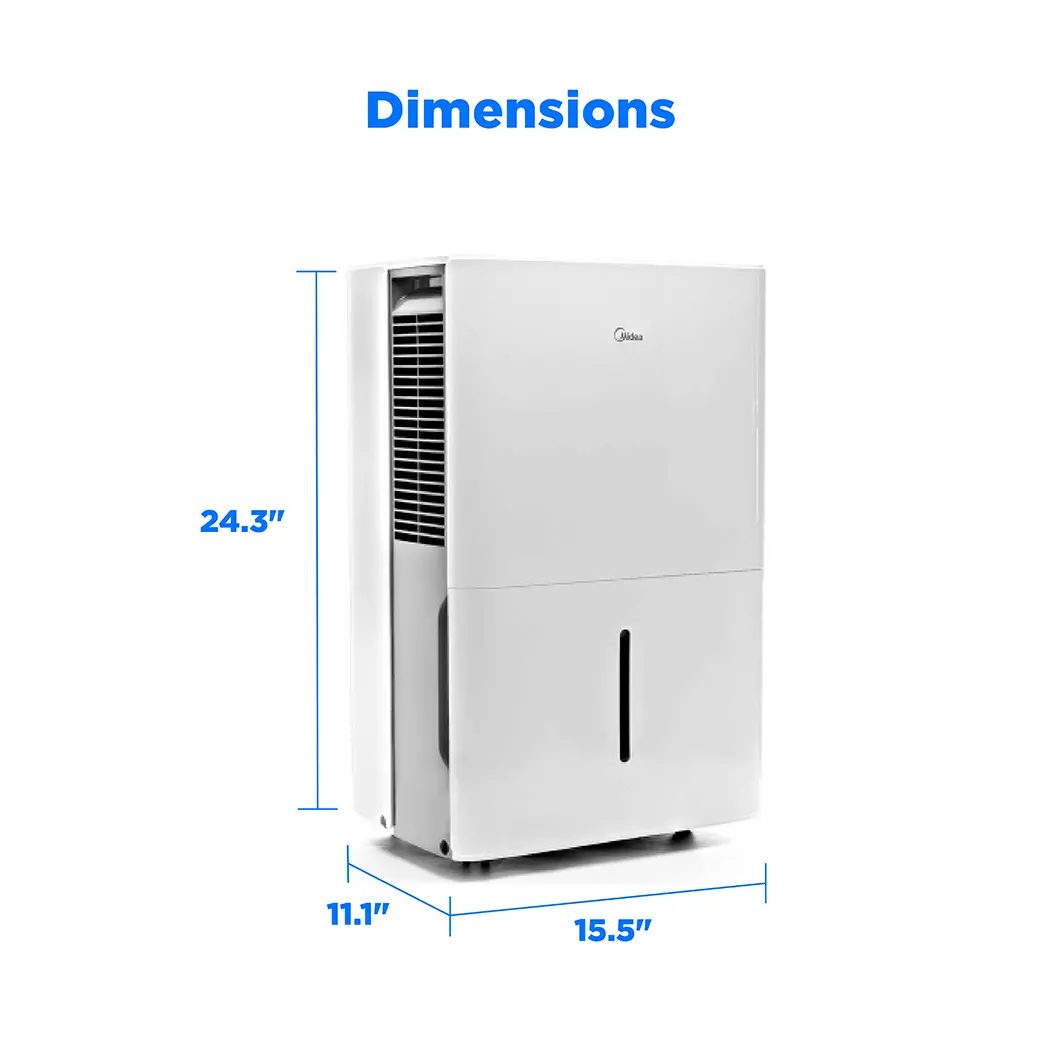 Midea MAD50C1AWS dimension drawing showing the white EasyDry body and 24.3-inch height.