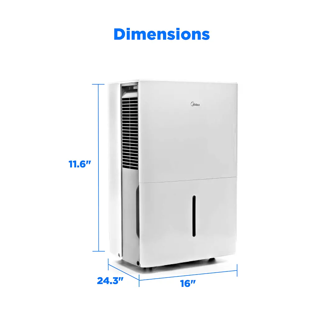 Midea MAD50P1AWS dimension drawing showing the low white EasyDry body, approximately 11.6 inches high and 24.3 inches deep.