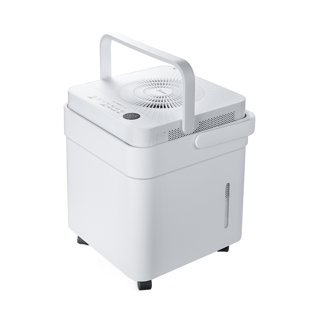 White Midea Cube exterior with raised handle, bucket, top controls and casters; the exterior view does not show the pump hardware.