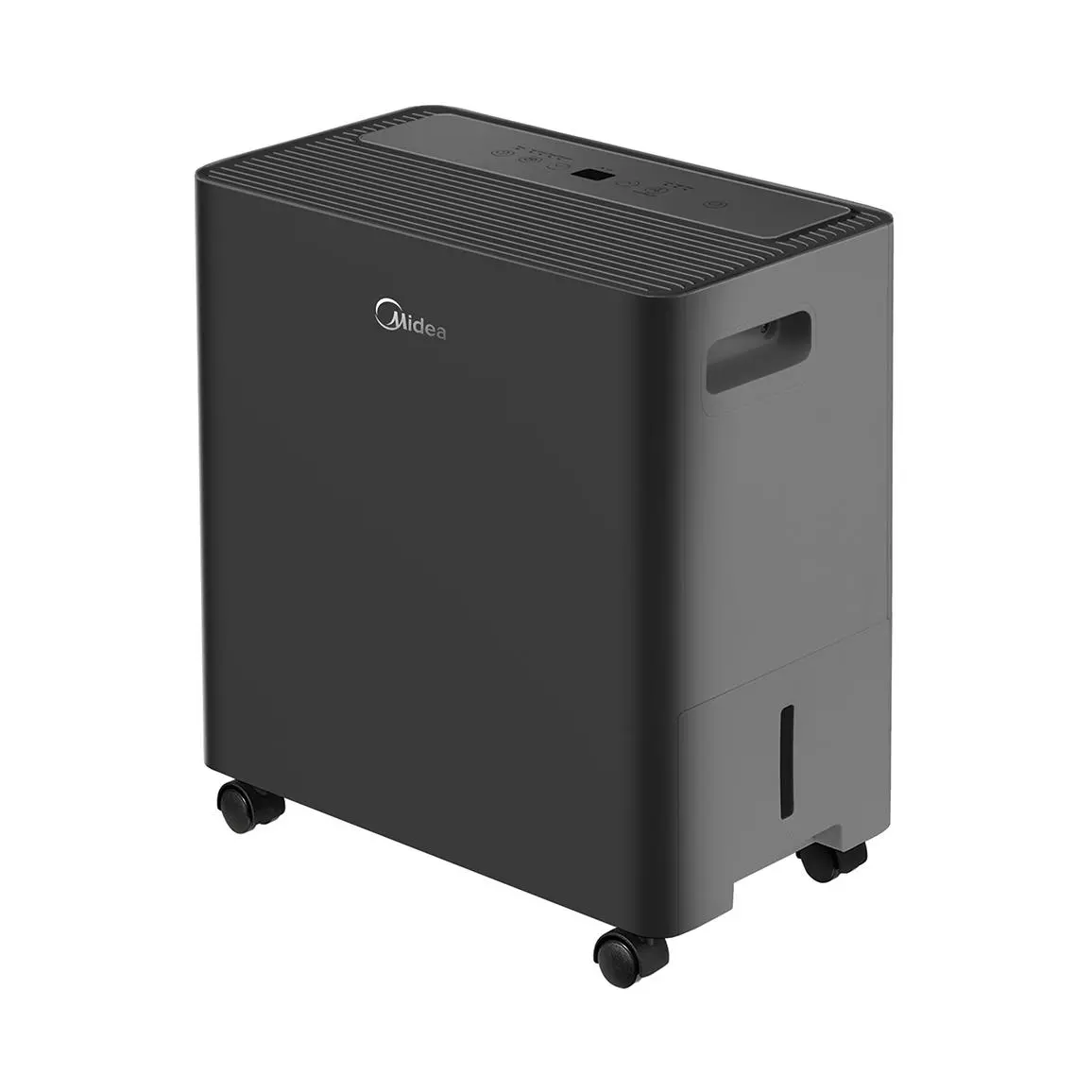 Black Midea MAD50PS1AWBL Smart Access dehumidifier with side-access tank, wheels and top controls.