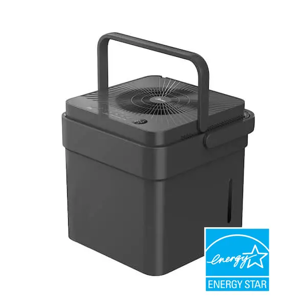 Dark charcoal Midea Cube dehumidifier with raised handle from the exact MAD50PS1QGR gallery; the manufacturer page’s color field conflicts.