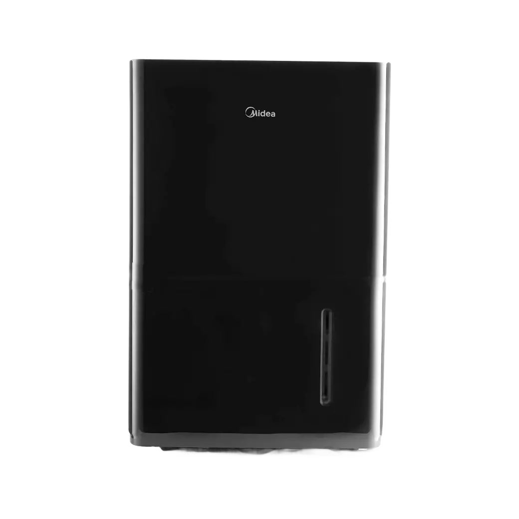 Front view of the black Midea SmartDry MAD50PS1WBL cabinet with a vertical water-level window.