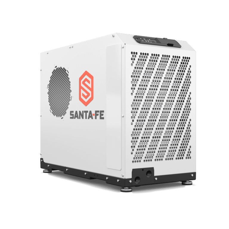 Santa Fe Advance Dry110 horizontal dehumidifier with a white cabinet, upper control panel and side air openings.