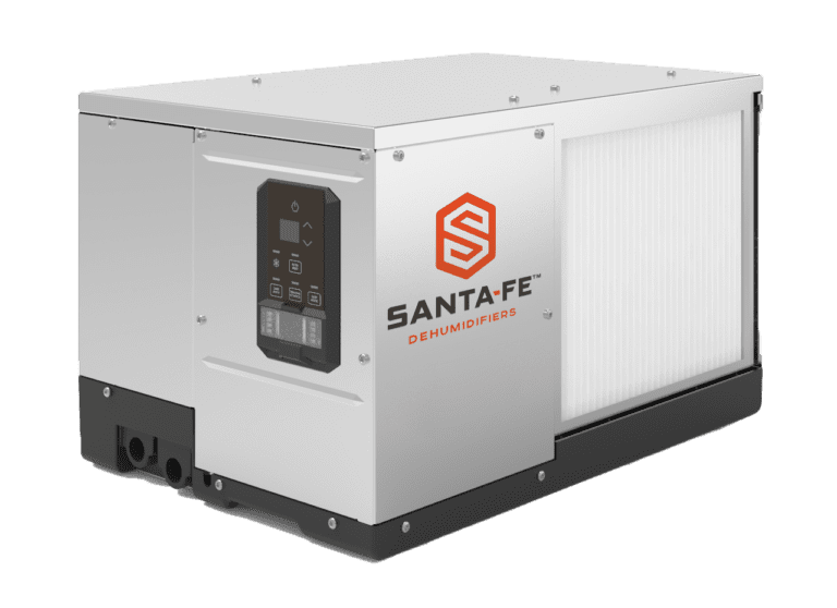 Santa Fe Oasis105 horizontal dehumidifier with onboard digital controls, a white cabinet, filter grille and dark base.